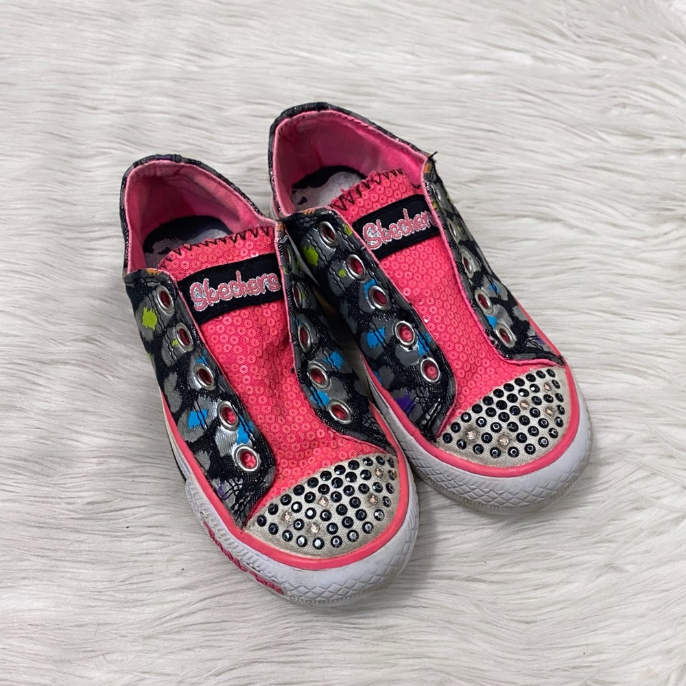 Skechers Twinkle Toes Girls Pink Sequins Gray Cheetah Rainbow Slip On Sneakers